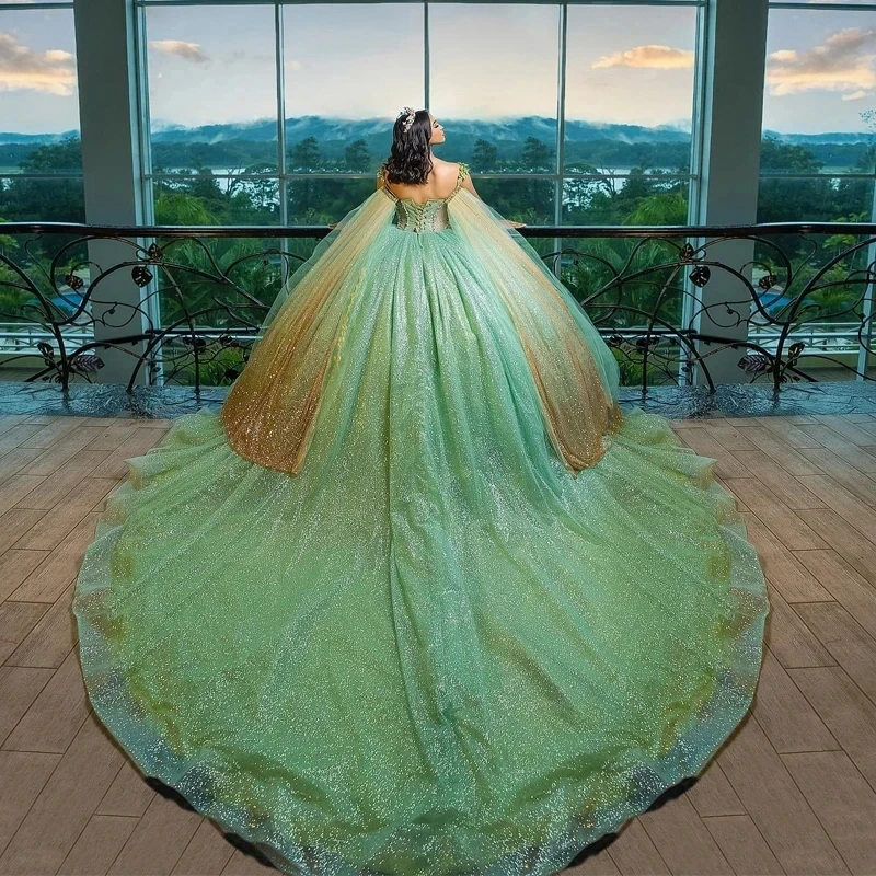 Shiny Sage Green Ball Gown Quinceanera Dress With Cape 3D Floral Appliques Crystals Sweet 16 Vestidos De 15 Años