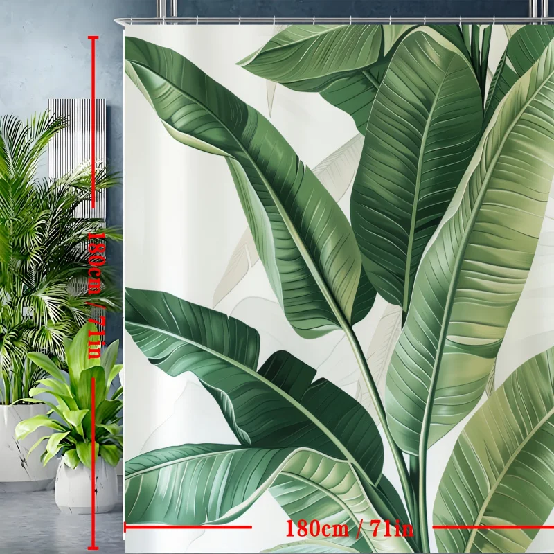 Botanical Palm & Leaf Curtain - HD Digital Print, Easy-Clean Polyester with Hooks Included for Quick Installation, Shower