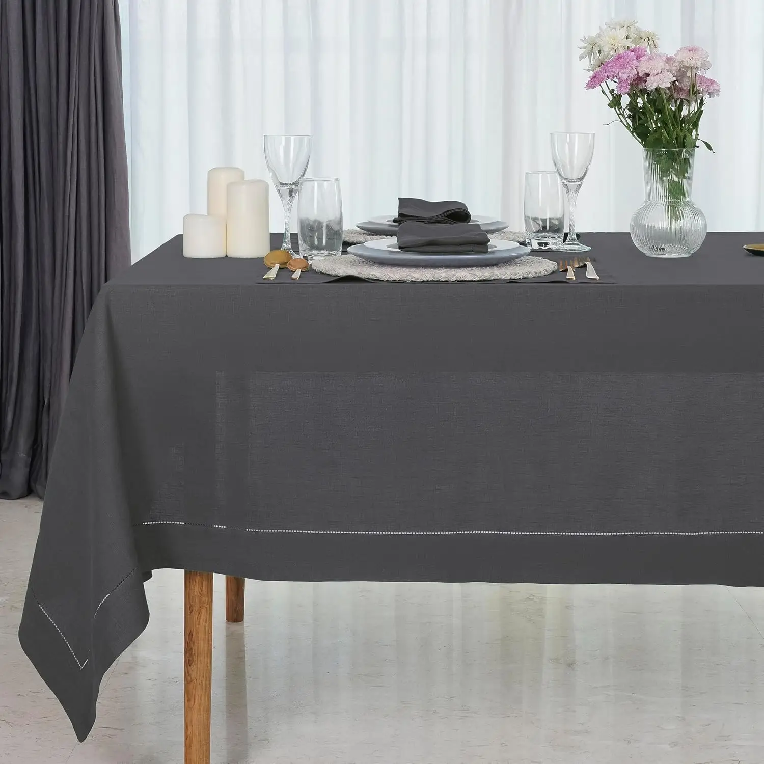 

D'Moksha Homes Linen Tablecloth 60 X 120 Inch - 100% Pure Linen Classic Hemstitch Charcoal Grey Tablecloth - Machine Washable