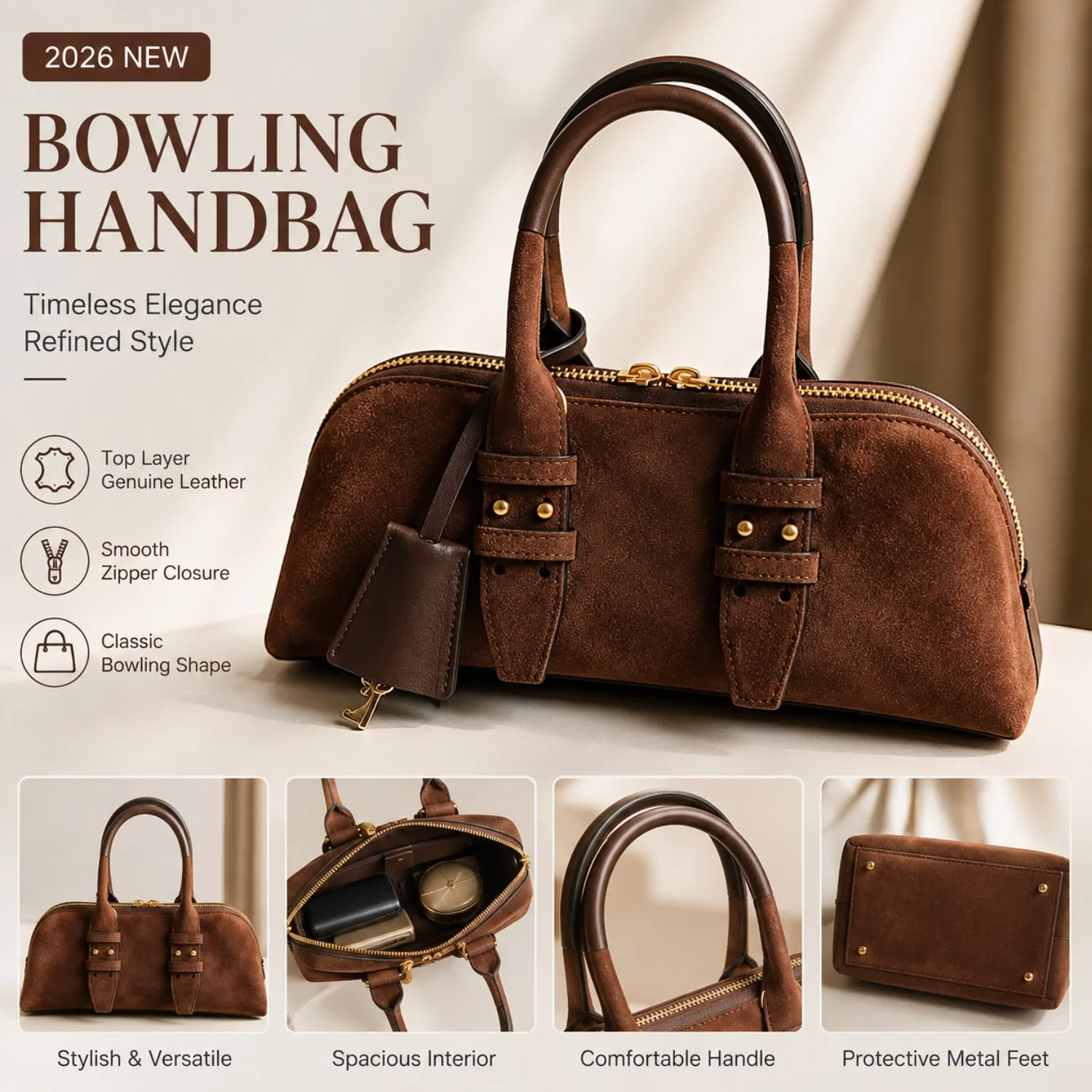 Damen-Bowlingtasche aus echtem Leder, Vintage-Handtasche mit Obergriff, strukturierte Boston-Tasche, elegante Casual-Tasche für Frauen