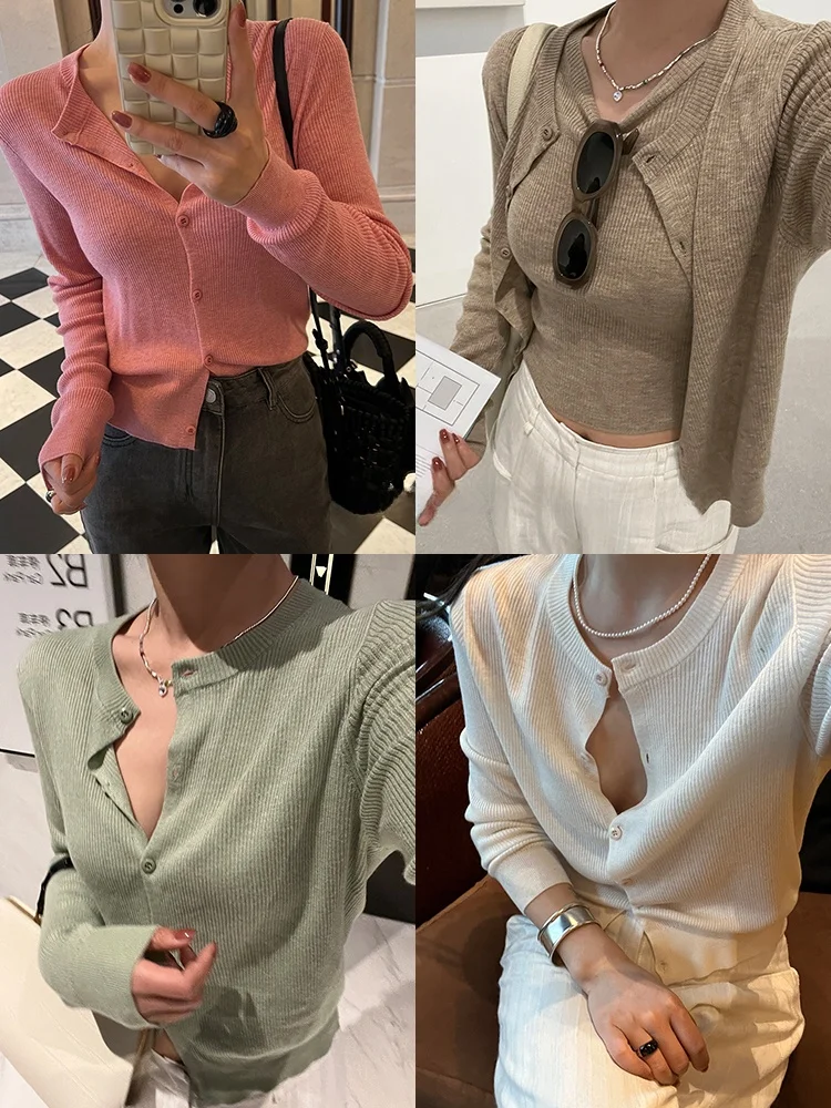 

WXLSTUDIO Early Autumn Dopne Air Feeling Silk Wool Open Cardigan Knitted Sweater Series Women's Faion Commute Sle Slim...