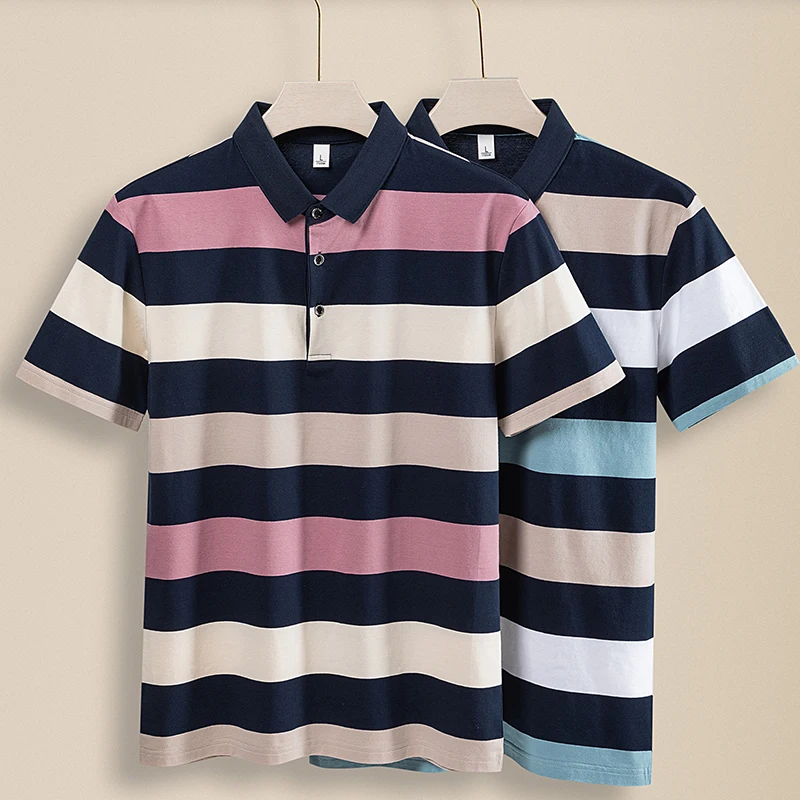 Minimalist Trendy Summer Men\'s Turn Down Collar Striped Button Contrast Color Fashion Casual Short Sleeve Loose Polo Shirts Tops