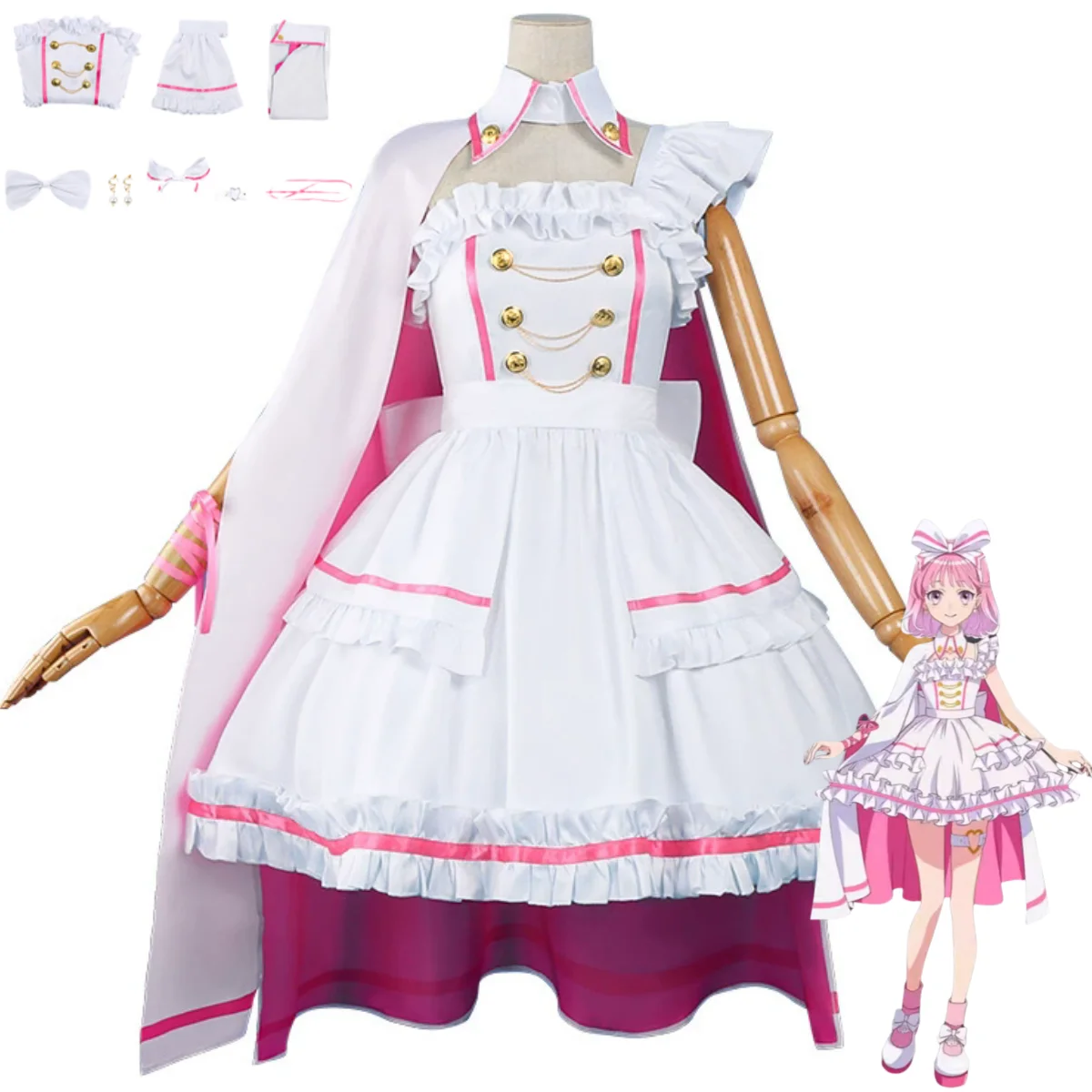 

Anime Maebashi Witches Akagi Yuina Cosplay Costume Pink White Dress Lolita Cloak Woman Sexy Kawaii Masked Ball Party Suit