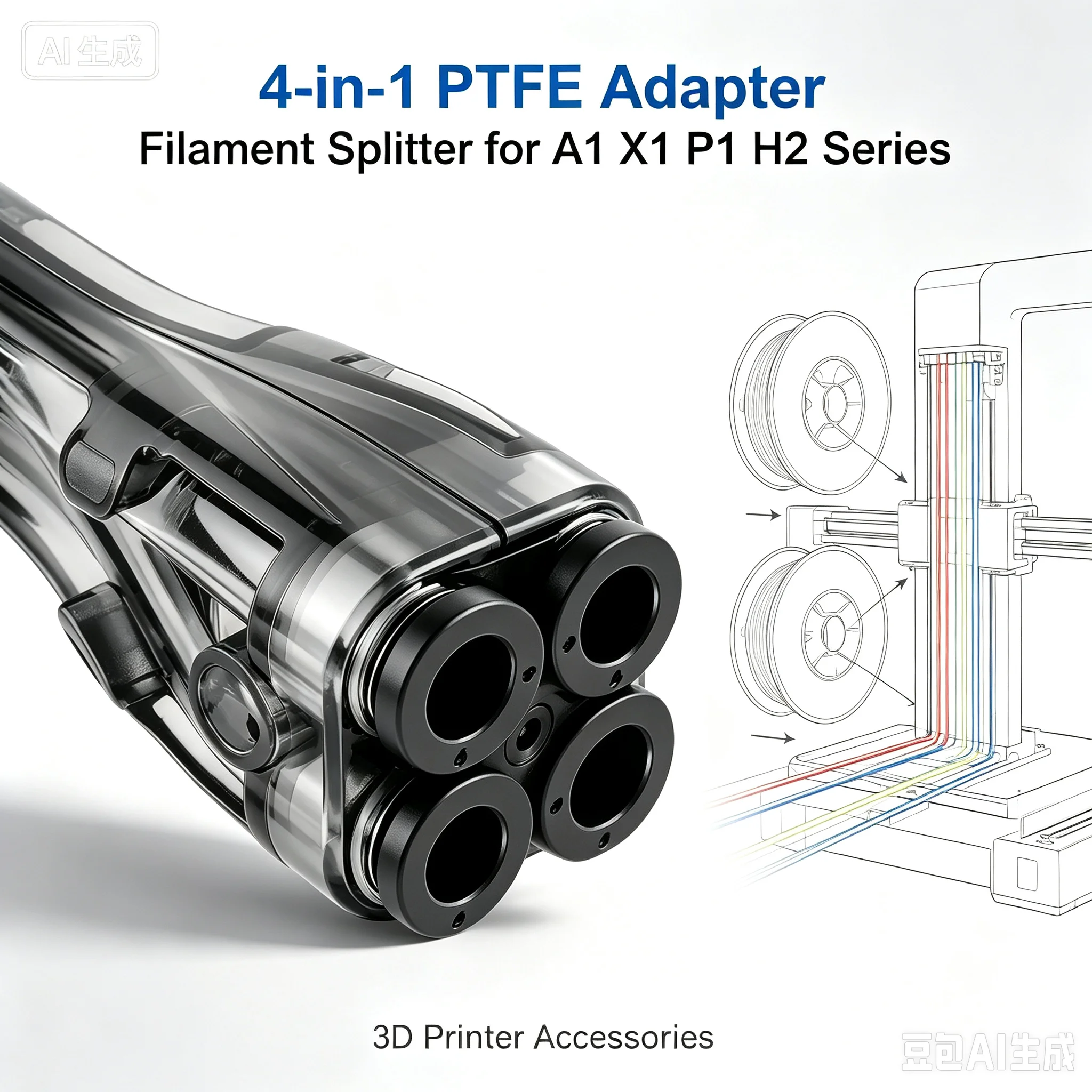 For Bambu Lab 4-in-1 PTFE Adapter Filament Splitter for A1 X1 P1 H2 Series 3D Printer Accessories