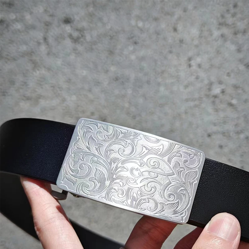 Carved Tang Grass Pattern Men Ti Titanium Belt Buckle Anti-Allergy Belt pin Buckle Leather Belt 115-130cm