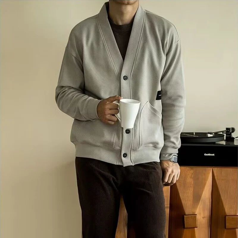 

Мужская осенне-зимняя рабочая одежда с v-образным вырезом и пуговицами, винтажная толстовка с длинными рукавами и лацканами, кардиган