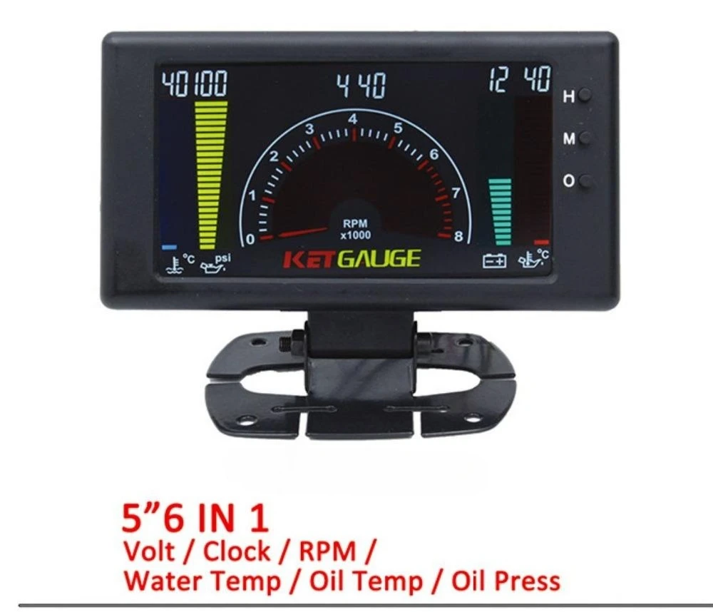 

Multiple Function Racing Meter Tachometer 5" LCD 6 in 1 Universal Clock Volts RPM Water Temp Oil Temp Oil Press For Car