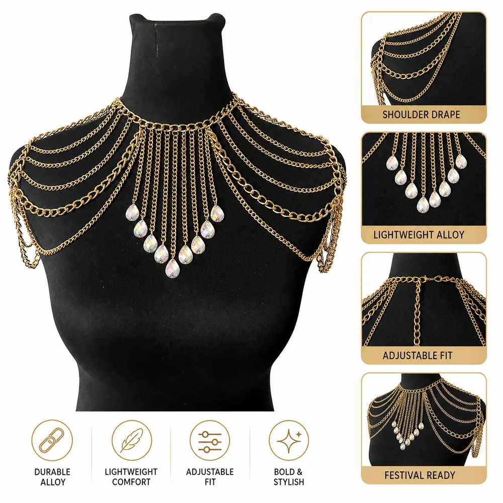 New Tassel Sexy Body Chain Exaggerated Long Shoulder Chain Draped Structure Decorative Multi-layer Necklace Festival Costume