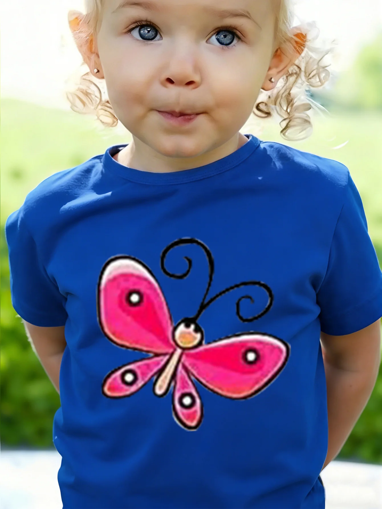 Cute Hand Drawn Pink Butterfly Lovely Insect Cartoon Graphic Print T Shirt Family Matching Boys Girls Short Sleeve Daily Tees