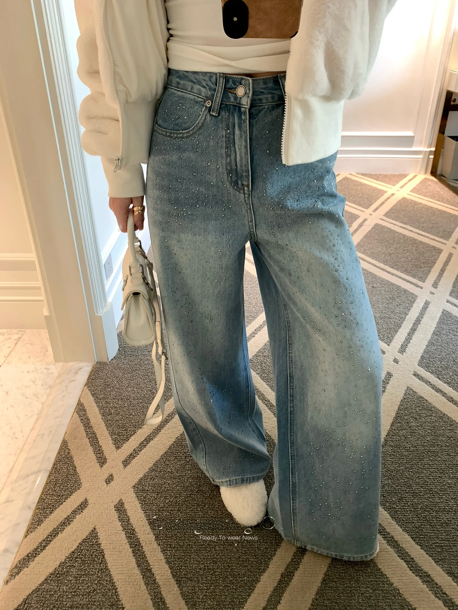 

Heavy Du Glitter Rhinestone High Waist Straight Leg Slimming Wide Leg Long Jeans Women's Modern Sle Casual High Waist Jeans