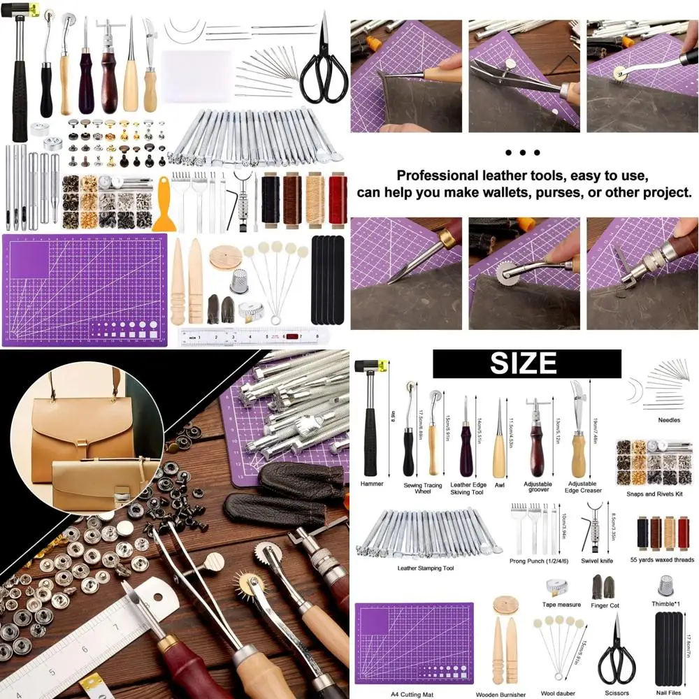 

Professional Leatherworking Tools Kit with 183 Pieces, Including Saddle Making Tools, Rivets, Prong Punch, and Hammer for Crafti