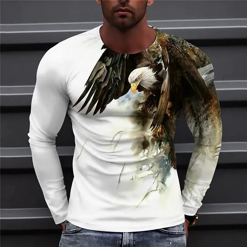 Men\'s Eagle Hand-painted Pattern Casual T-Shirts Long Sleeve Streetwear 3D Animal Printing Hip Hop Male Tops Tee Plus Size 6XL