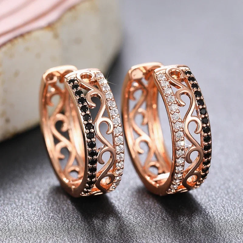 Huitan White/Black CZ Rose Gold Color Hoop Earrings for Women Hollow Out Pattern Aesthetic Female Earrings Wedding Trend Jewelry