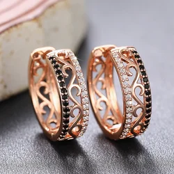 Huitan White/Black CZ Rose Gold Color Hoop Earrings for Women Hollow Out Pattern Aesthetic Female Earrings Wedding Trend Jewelry