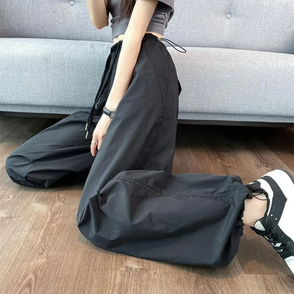 Wide-leg Pants Solid Color Women's Cargo Pants with Elastic Waist Adjustable Drawstring Stylish Straight Wide Leg Mountaineering