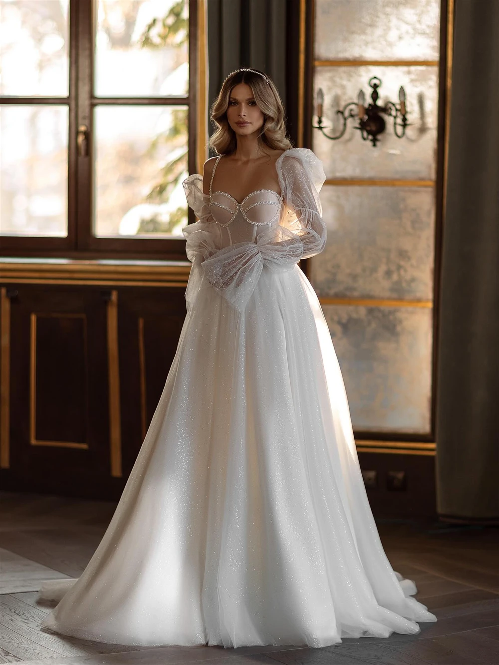 

Customized Sexy White Organza Wedding Dress Formal Sweetheart Long Sleeves Bridal Gown Soft A-Line Court Train Vestido De Novia