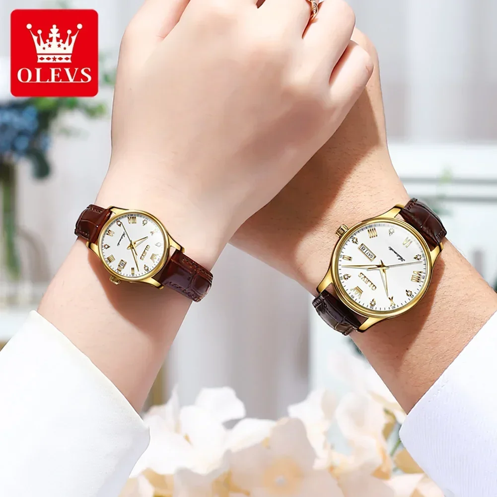 OLEVS 9932 Mechanical Couple Automatic Watch Leather Luxury Hand Clock Waterproof Luminous Calendar Watches For Men And Women