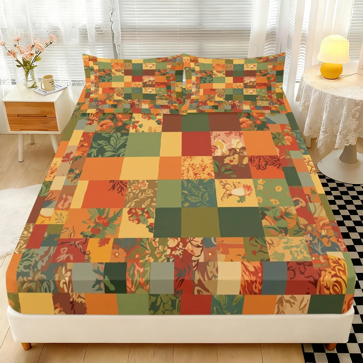 Farmhouse Fall Floral Patchwork Fitted Sheet 3PCS, Mixed Color Block Botanical Pattern Elastic Mattress Cover with Pillowcases