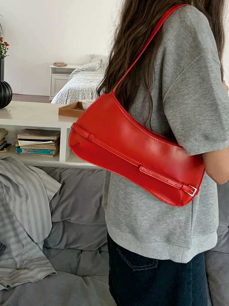 Sac à Main en Cuir de Vache Rouge pour Femme, Design de Niche Français, Haut de Gamme, ixde Mariage, Mode, Déterminer Sous les Bras, Baguette, 1