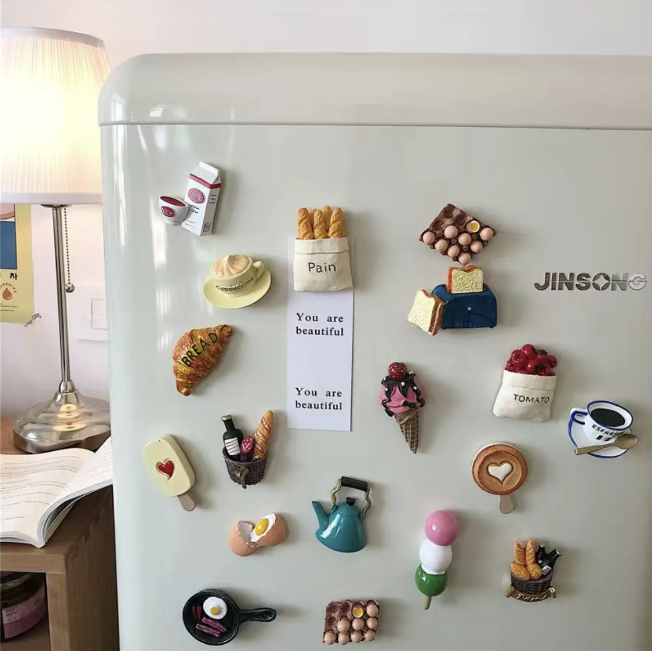 Refrigerator stickers 3D magnetic sticker simulation food message sticker magnet bread egg teapot coffee cup shape 18pcs per set