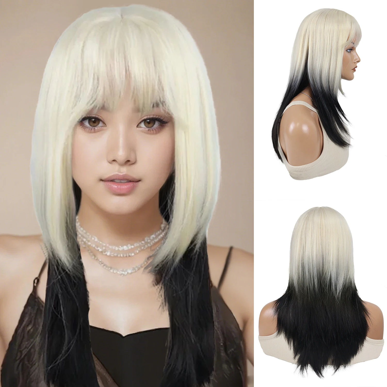 

Блондинка и черный парик для женщин Синтетические волосы 22-дюймовый длинный прямой парик с челкой на занавеске Повседневный косплей Хэллоуин Термостойкий