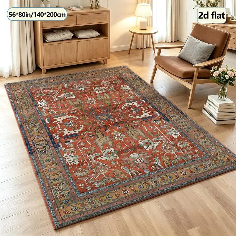 Rust Red Oriental Tribal Carpet Floor Decorations Vintage Square Carpet Suitable for Living Room Vintage Home Floor Decoration