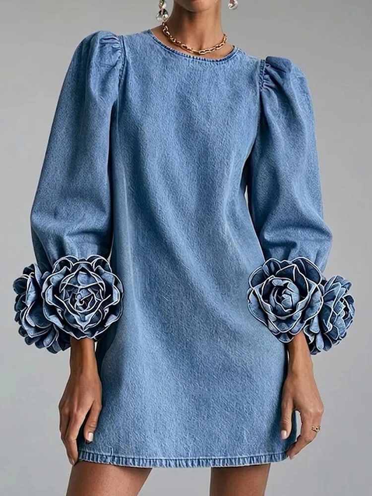 Casual Solid Color Loose Commuting Dress New Vintage High Waisted Short Dresses O Neck Flower Long Sleeved Autumn Woman Dress