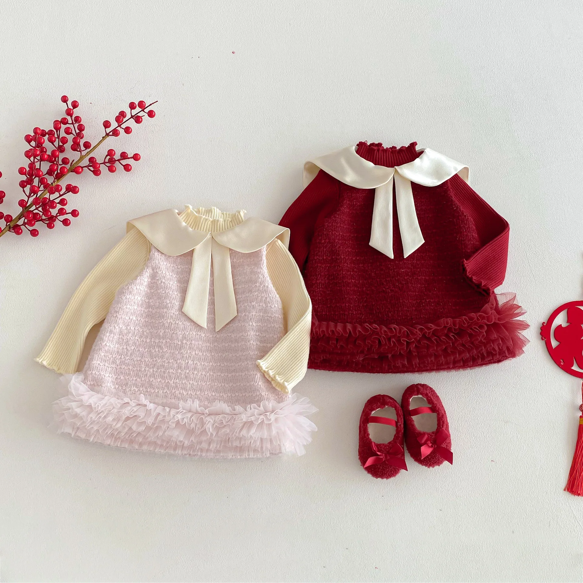 

0-5Y Girls New Year Quilted Dress Kids Bow Collar Ruffle Trim Cotton Dress Baby Girl Festive Warm Party Outfit 2025 New Arrival