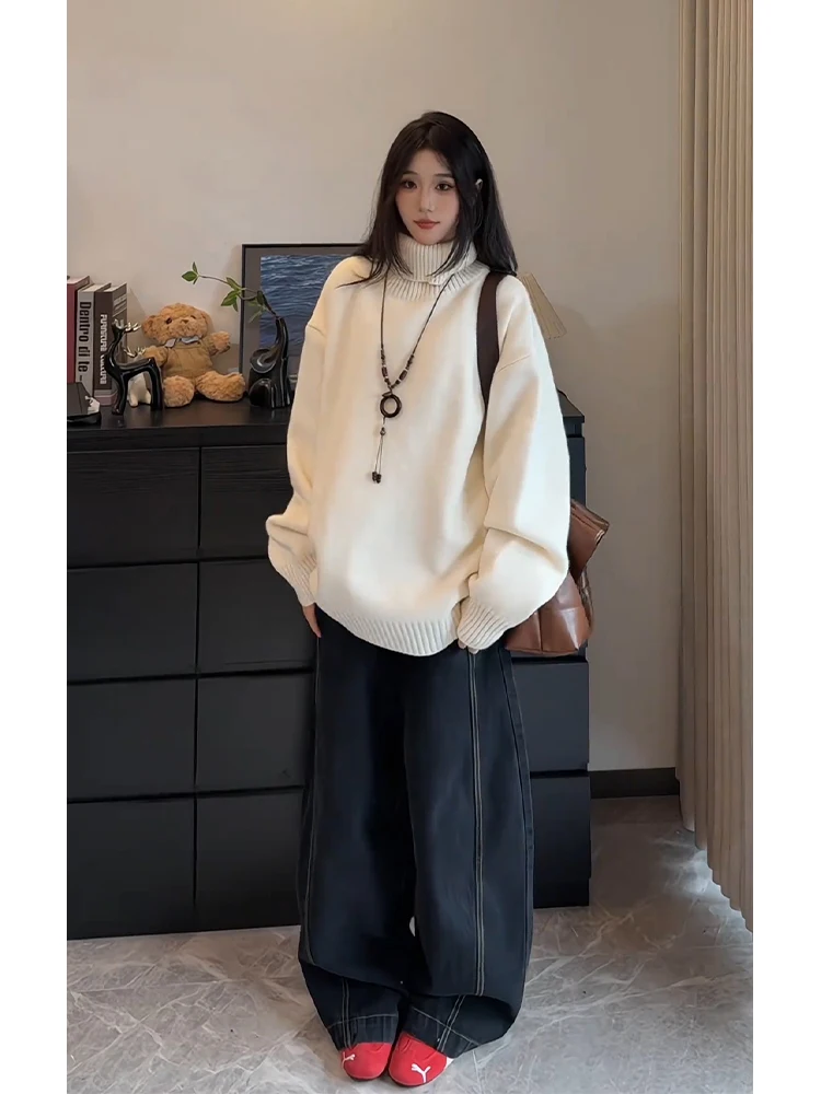 

Свободный свитер с высоким воротником и осень-зима Thi Lazy Sle Вязаный топ Базовая внутренняя одежда Base irt Молодые женщины Мужчины Casua...