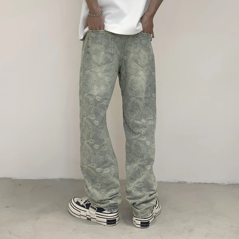 American Style Washed Patchwork Jeans, Trendy Men'S Loose Fitting Straight Leg Men'S Fashionable Denim Pants