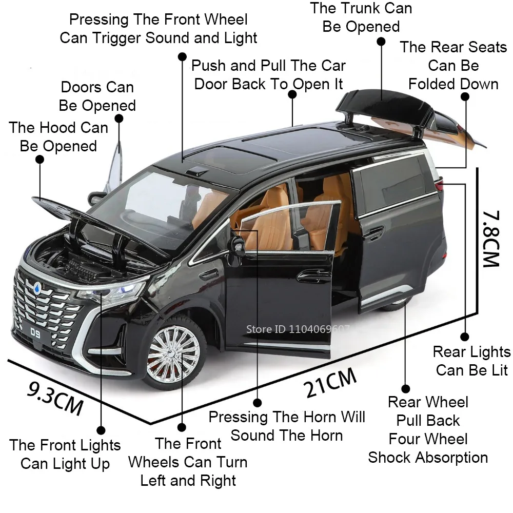 1:24 Scale Denza D9 Alphard Model Toy Car Alloy Diecast Miniature MPV Doors Opened Pull Back Sound Light for Boys Birthday Gifts