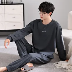 High Quality 100%Cotton Pajamas Suit Men Spring Autumn Long Sleeve Plus Size Soft Sleepwear Male Autumn Simple Design Nightwear