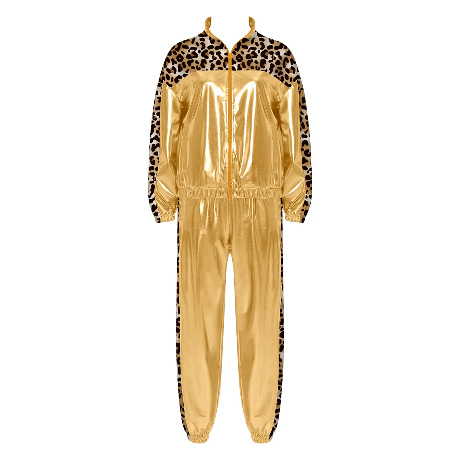 Damen Metallic Glänzendes Disco Hip-Hop Kostüm 80er Jahre Jazz-Tanz-Outfit Langarm-Jacke mit Frontreißverschluss und Jogginghose – Detail 12
