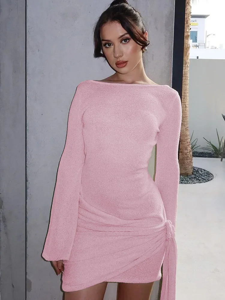 Dzianinowa sukienka mini z odkrytymi plecami Nowa seksowna damska sukienka w kwiaty w jednolitym kolorze z długim rękawem Smocked Party Dress Slim Mini Dress