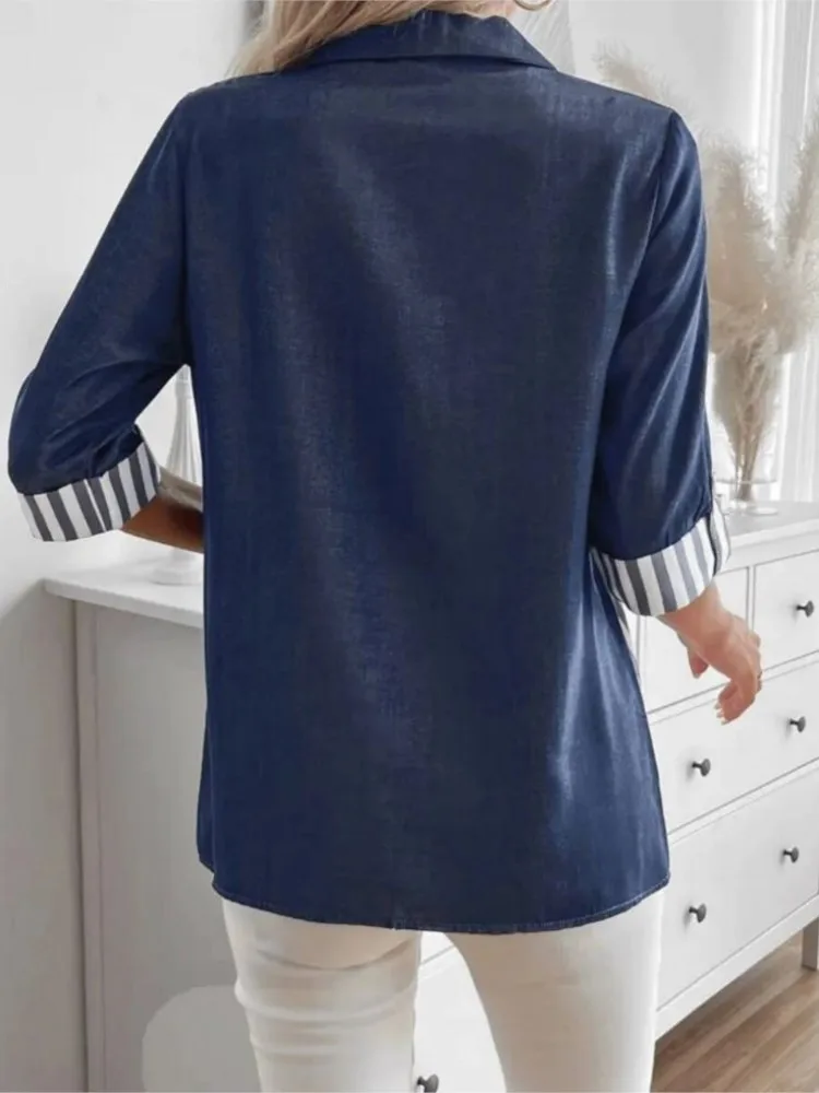 패션 스트라이프 셔츠 탑 레이디 캐주얼 3/4 턴 다운 칼라 버튼 셔츠 탑 여성용 사무실 여성 의류 봄