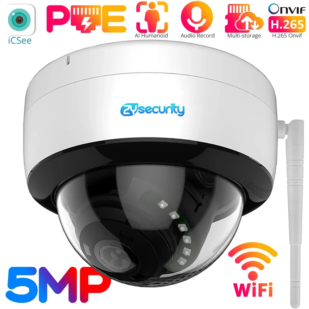 5mp wifi poe dome câmera ip interior h.265 ai humano detectar armazenamento em nuvem gravação de áudio 2.8mm lente cctv câmera de vigilância de segurança