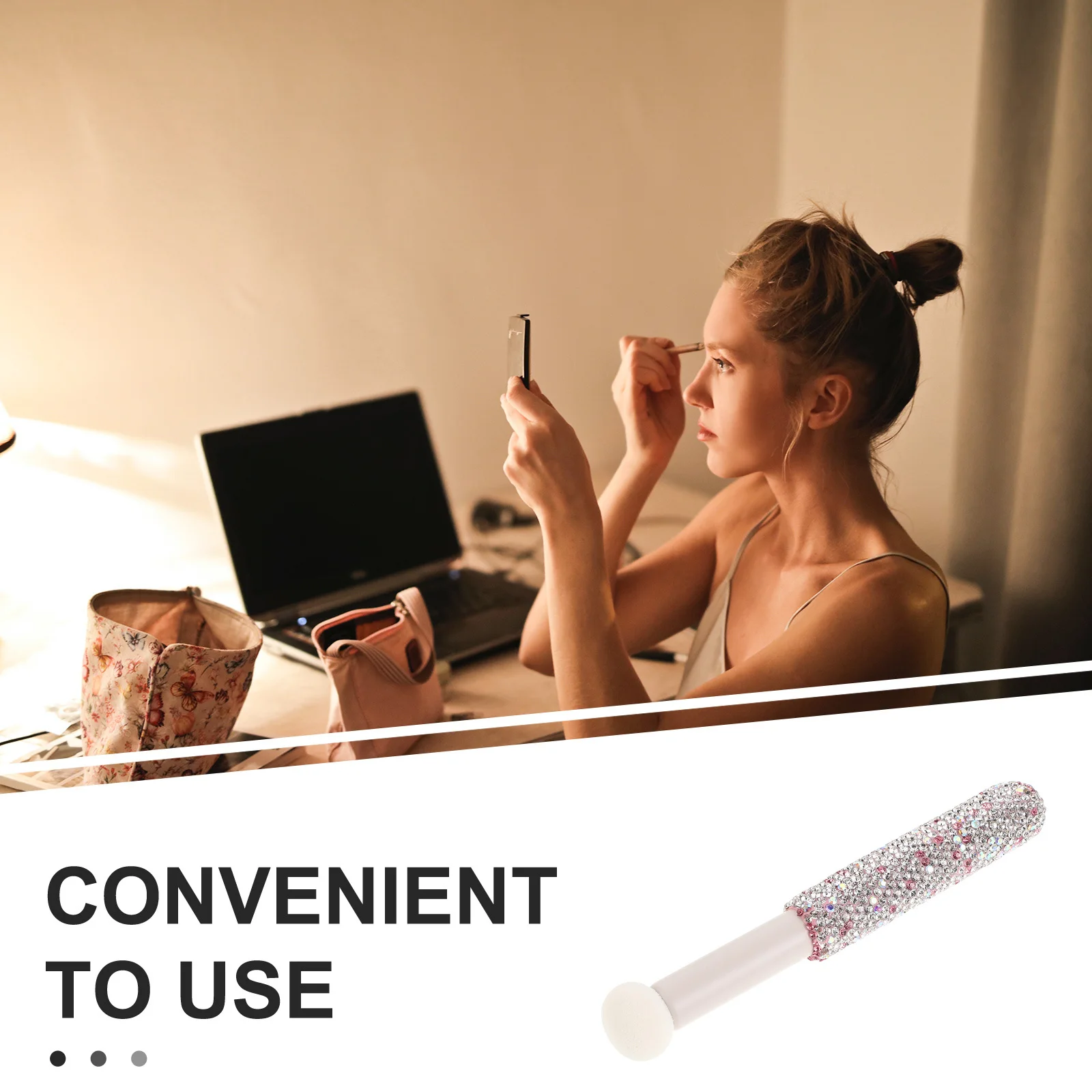 Brocha de maquillaje, aplicador de esponja con cabeza de seta, mango de diamantes de imitación, herramienta de belleza portátil para base en polvo corrector