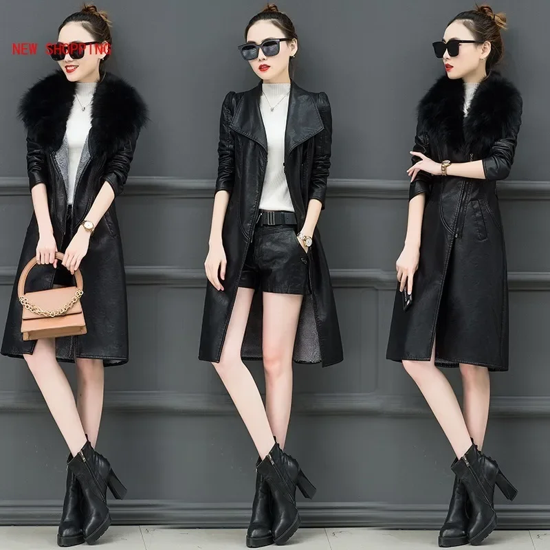 Winter PU Leather Faux Fur Women Long Coat Belt Casual Plus Size 5XL Slim Coat Black Faux Fur Collar Jacket Coat Warm Velvet