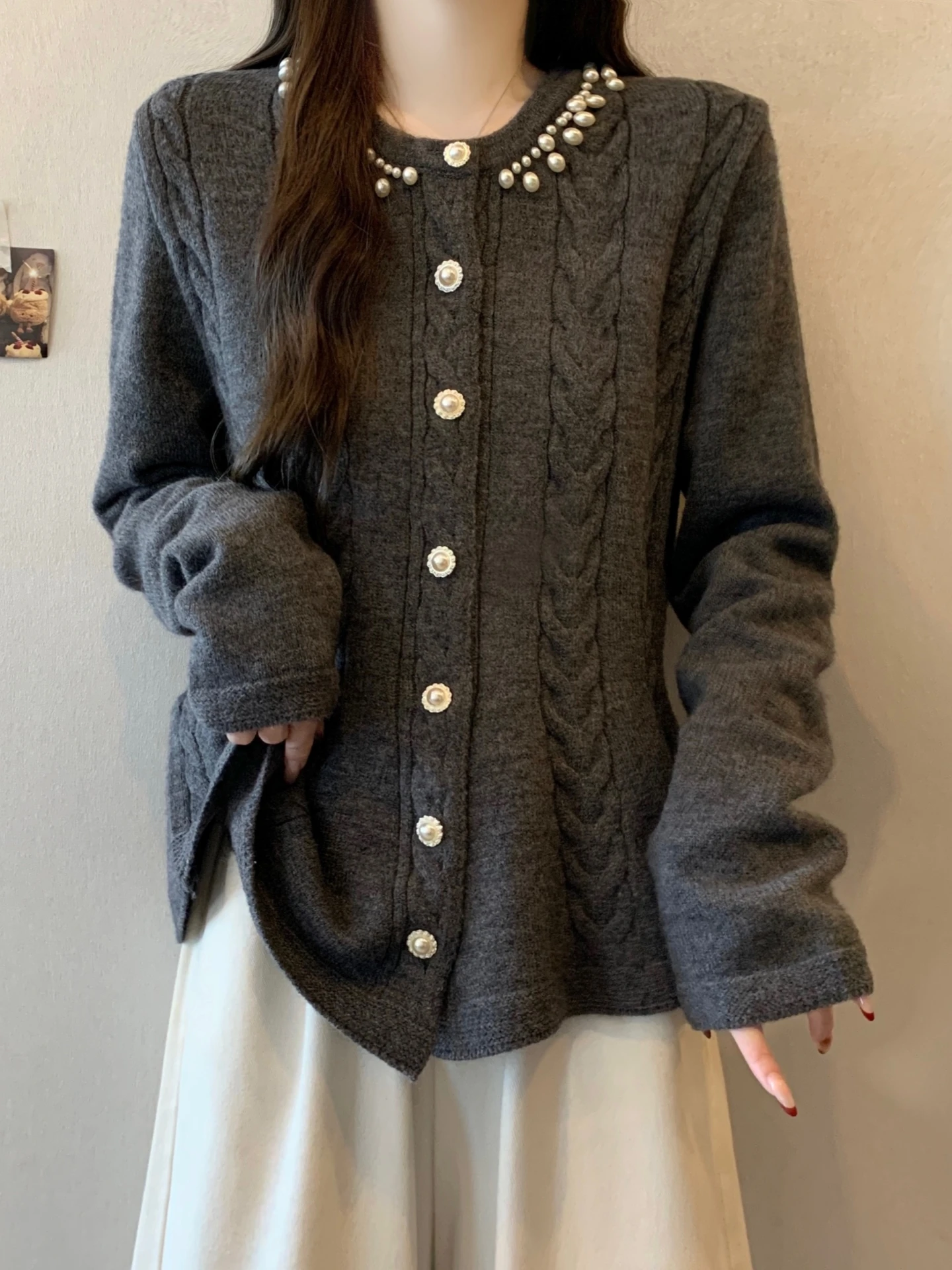 

Women's Knitted Knit Cardigan Sweater Outerwear Spring Autumn plus Size Flattering Slimming High-End Bead Embellished Top
