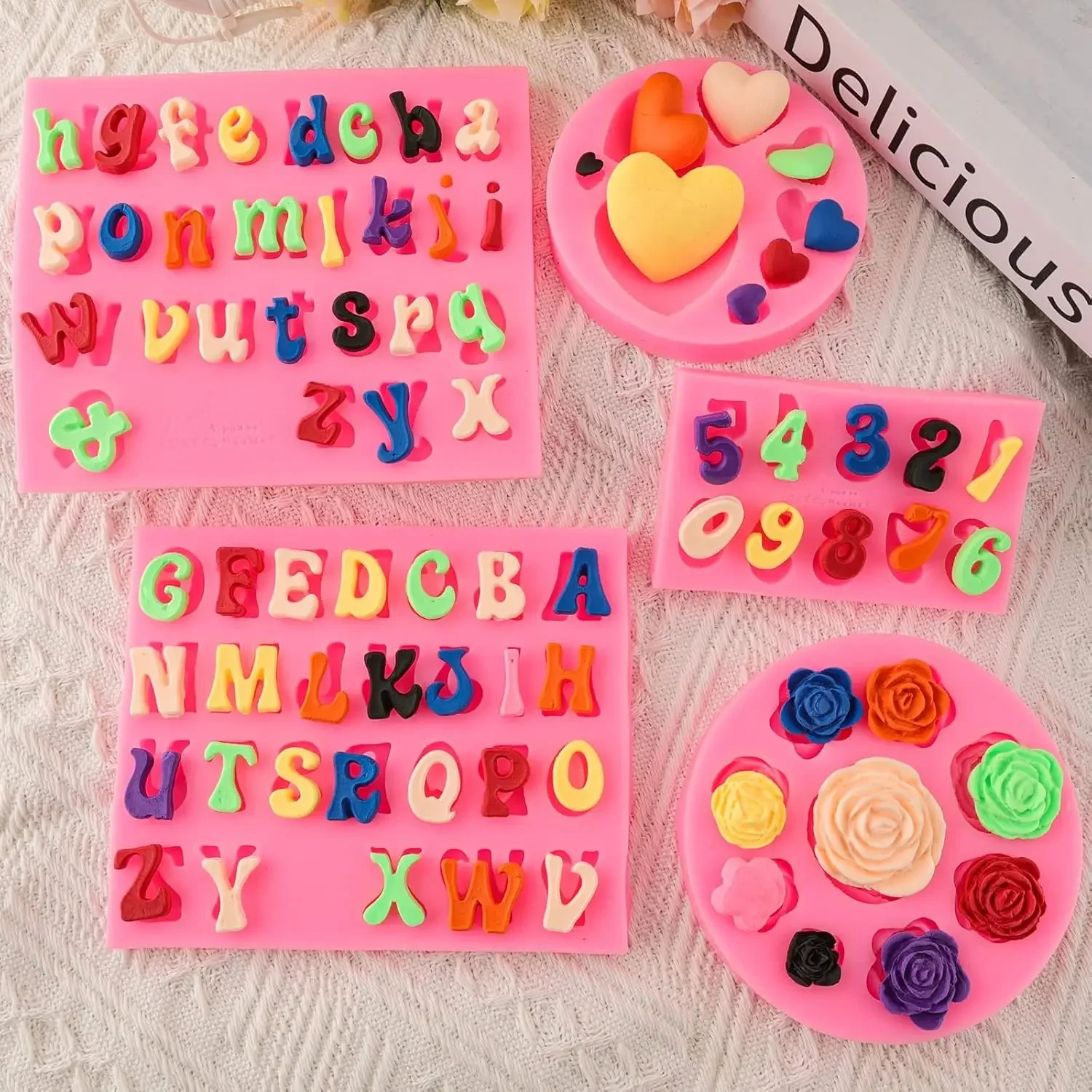 

5-piece Alphabet Silicone Molds Letter Number Heart Shape Flower Mould for Chocolate Fondant Candy Cake Decorating Tools