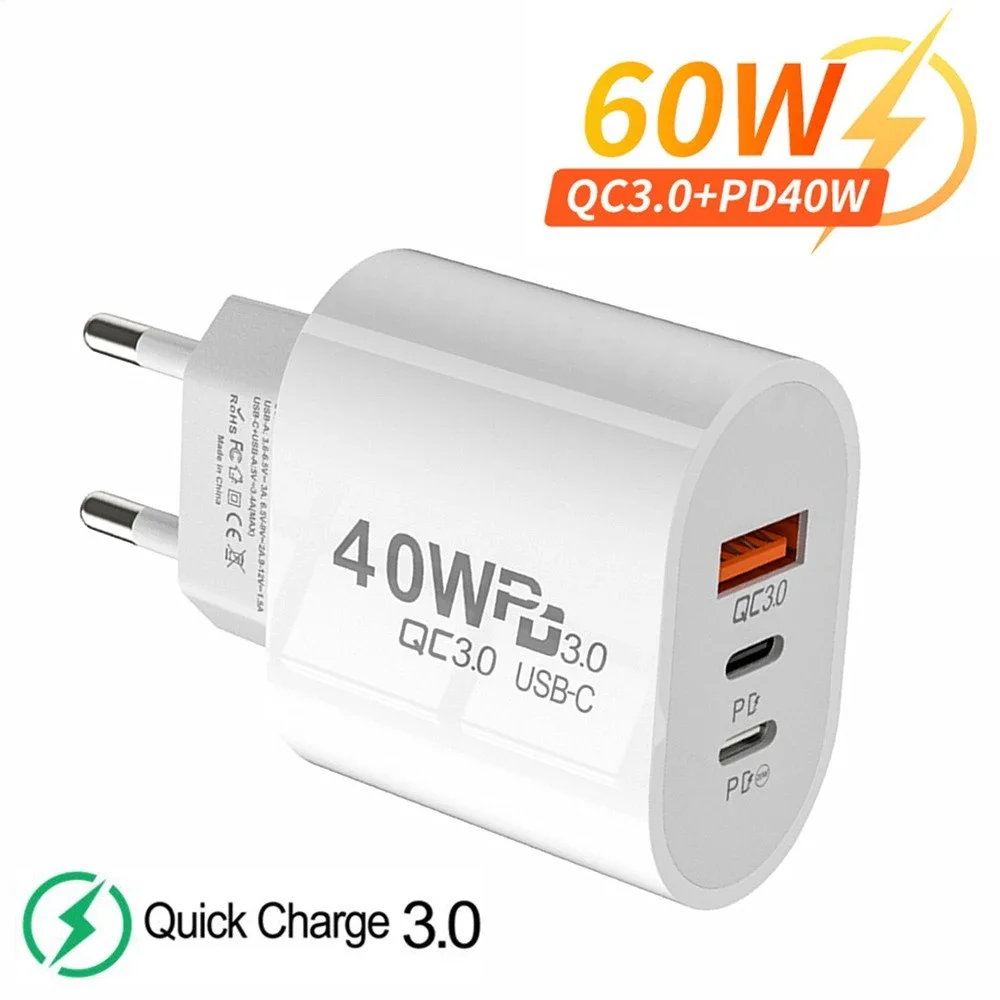 

USB Charger 60W Fast Charging 3Ports Type C Mobile Phone PD Power Adapter for Samsung Xiaomi QC3.0