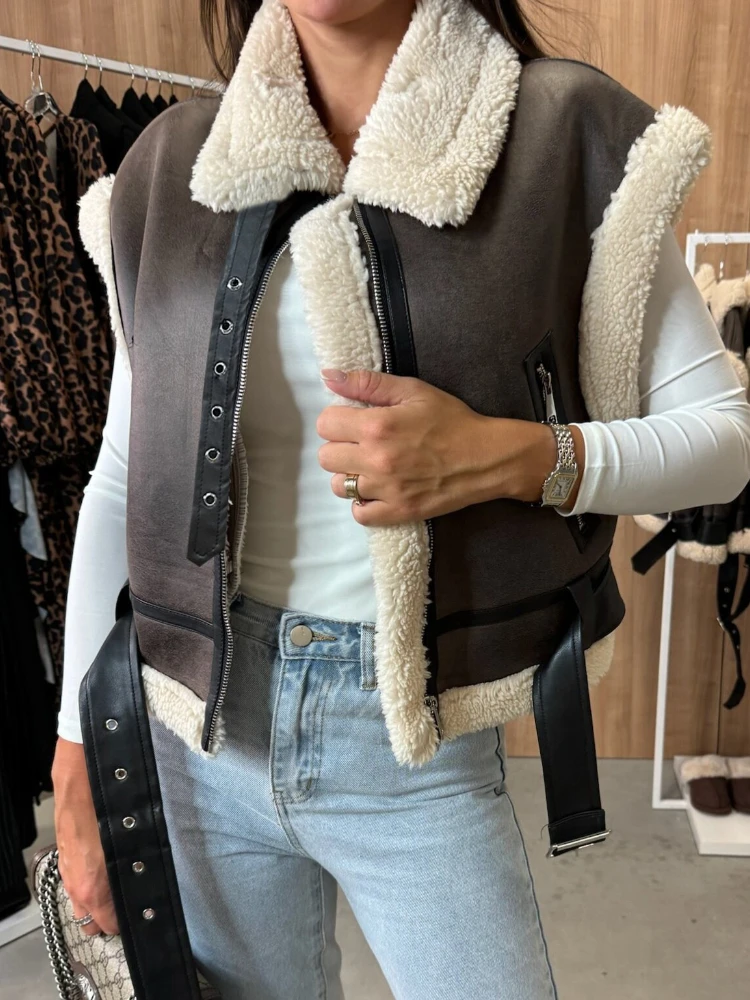 جديد إمرأة شتاء فو سترة من جلد الغزال أكمام سستة حتى الصوف شيربا اصطف سترة موضة بلون ملابس خارجية غير رسمية معطف سترة
