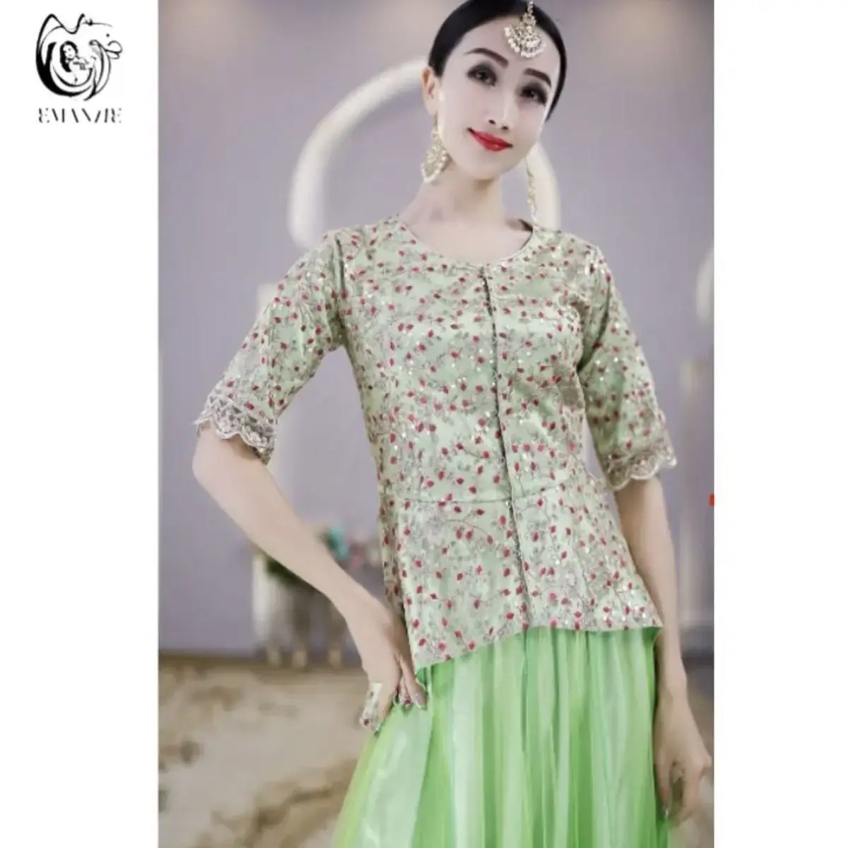 E5201 Yiman Spring Ethnic Style Slimming Women's Wear High Elastic Embroidery Bottom Slim Fit Top Dance Thin Style