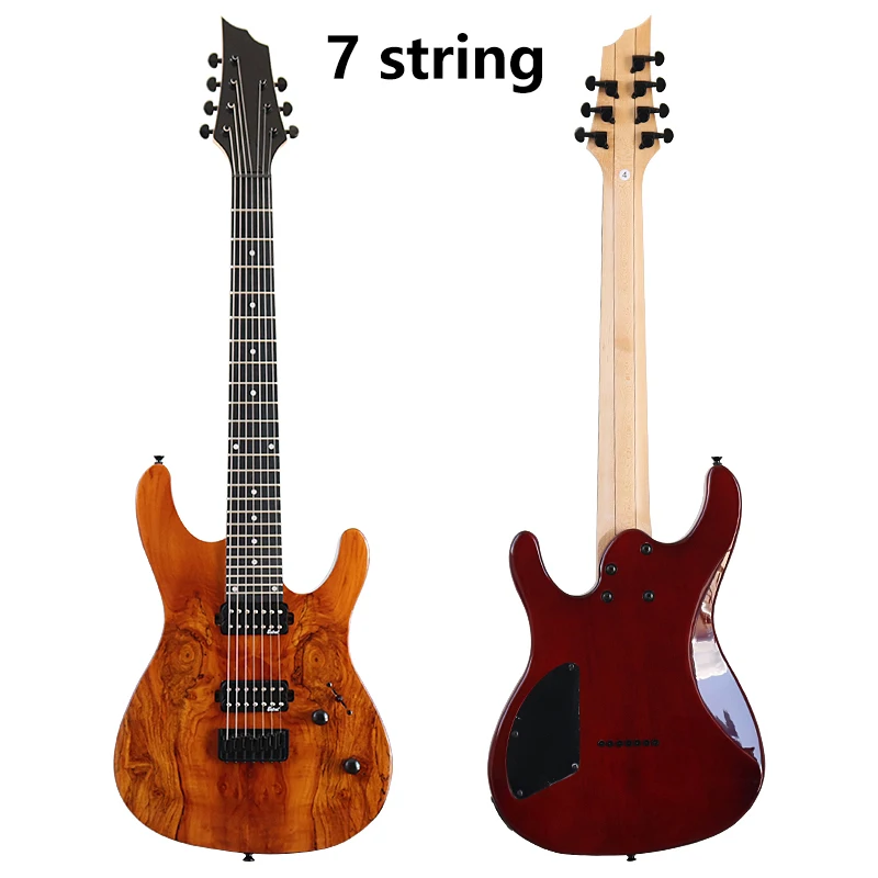 7/8 Strings Tree Burl Top Electric Guitar 39 Inch Red Solid Okoume Wood Body Matte Finish 24 Frets 5 Pcs Maple Wood Combine Neck