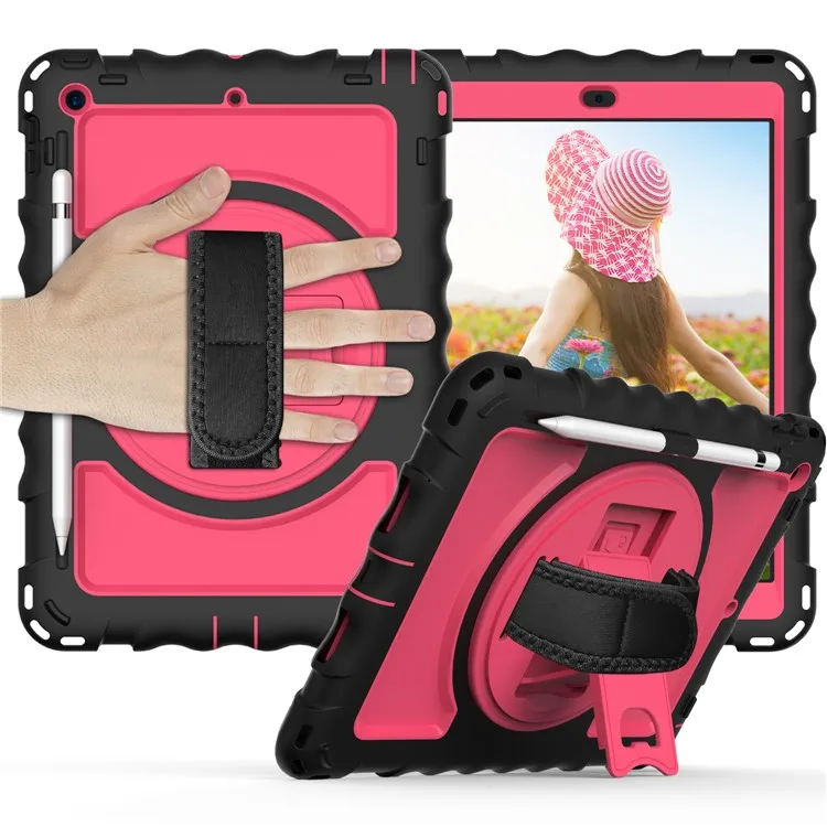 

PC + TPU Hybrid Case with 360 Degree Swivel Kickstand Hand Strap and Shoulder Strap for iPad 10.2 (2021)/(2020)/(2019) - Black /