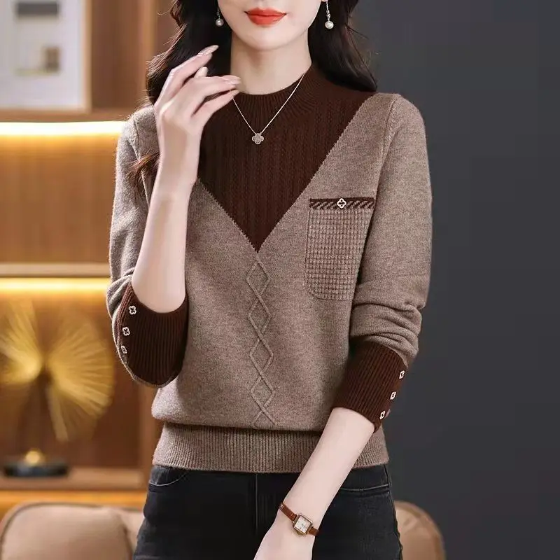 2024 Autumn New Pullover Sweater Women's Knitted Long-sleeved Versatile Constracting Color Loose Casual Outer Wear Top