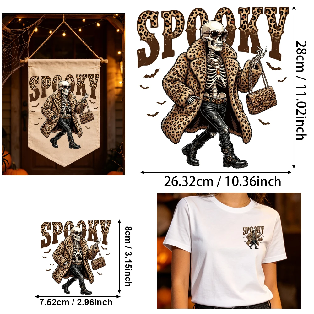 2Pcs Cool Dark HTV Iron On, Skeleton Leopard SPOOKY Print, 1 Large 1 Small 2D Flat, DIY Clothing & Bag Decor