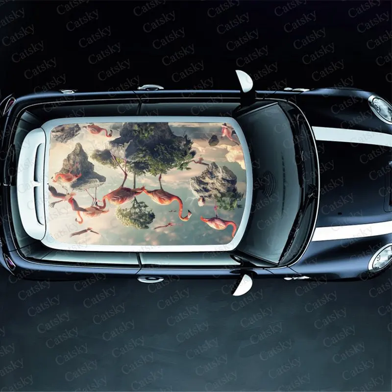 الغيوم طيور النحام المشهد طباعة سقف السيارة ملصق التفاف سباق SUV اكسسوارات السيارات التعبئة والتغليف البلاستيكية غطاء السيارة الرسم ملصق مائي ديكور