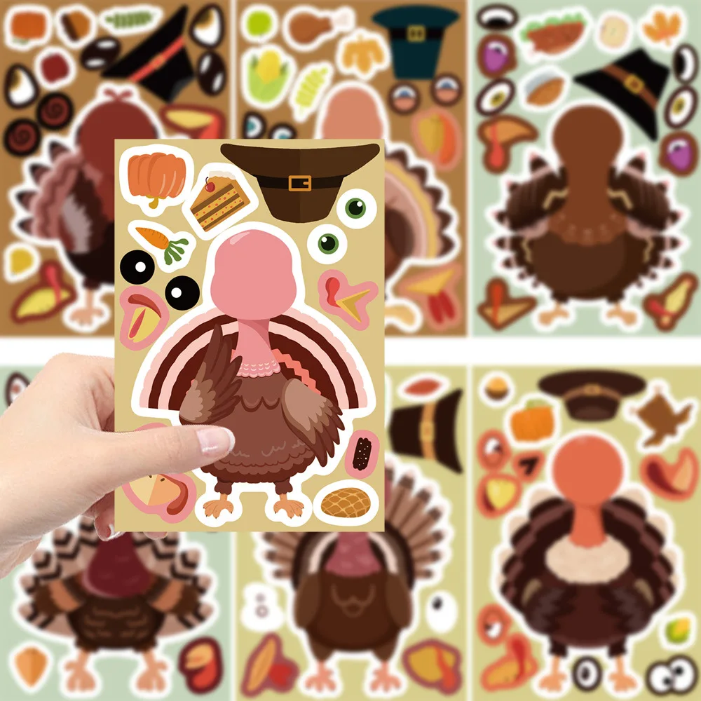 8/16sheets Thanksgiving Day Puzzle Stickers Make a Face Sticker Kids Toy Funny Turkey Decals Gift Waterproof Decoration Graffiti