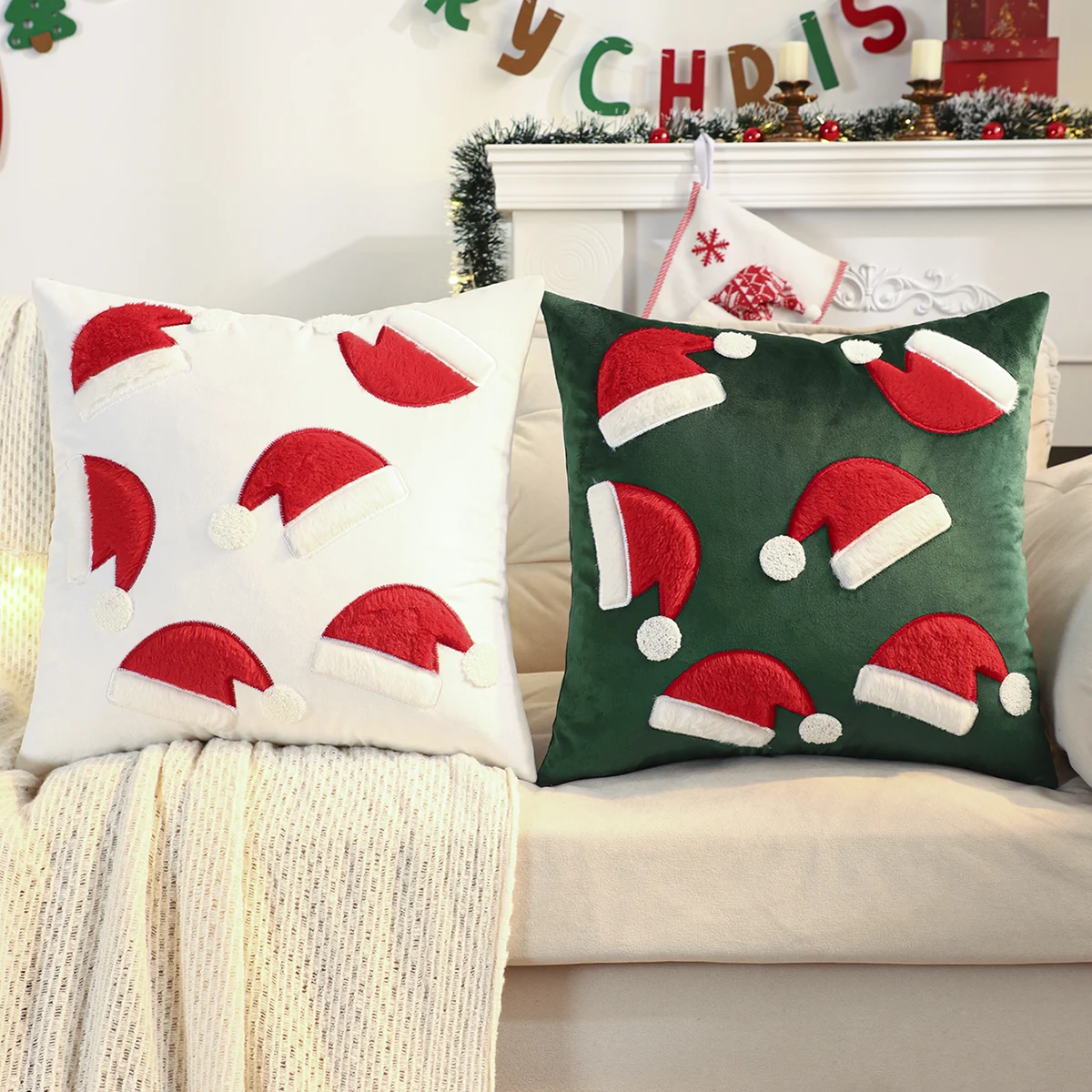 1PC Weihnachtsmütze Dekokissenbezug Samt Stickerei Weihnachtsdekoration Wohnzimmer